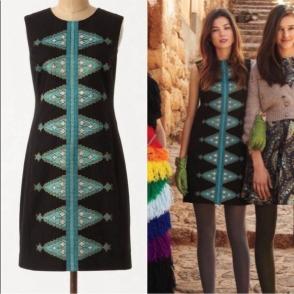 BOGO! Anthropologie Tabitha Split Diamonds Embroidered Mod Sheath Dress 2 - Picture 1 of 11